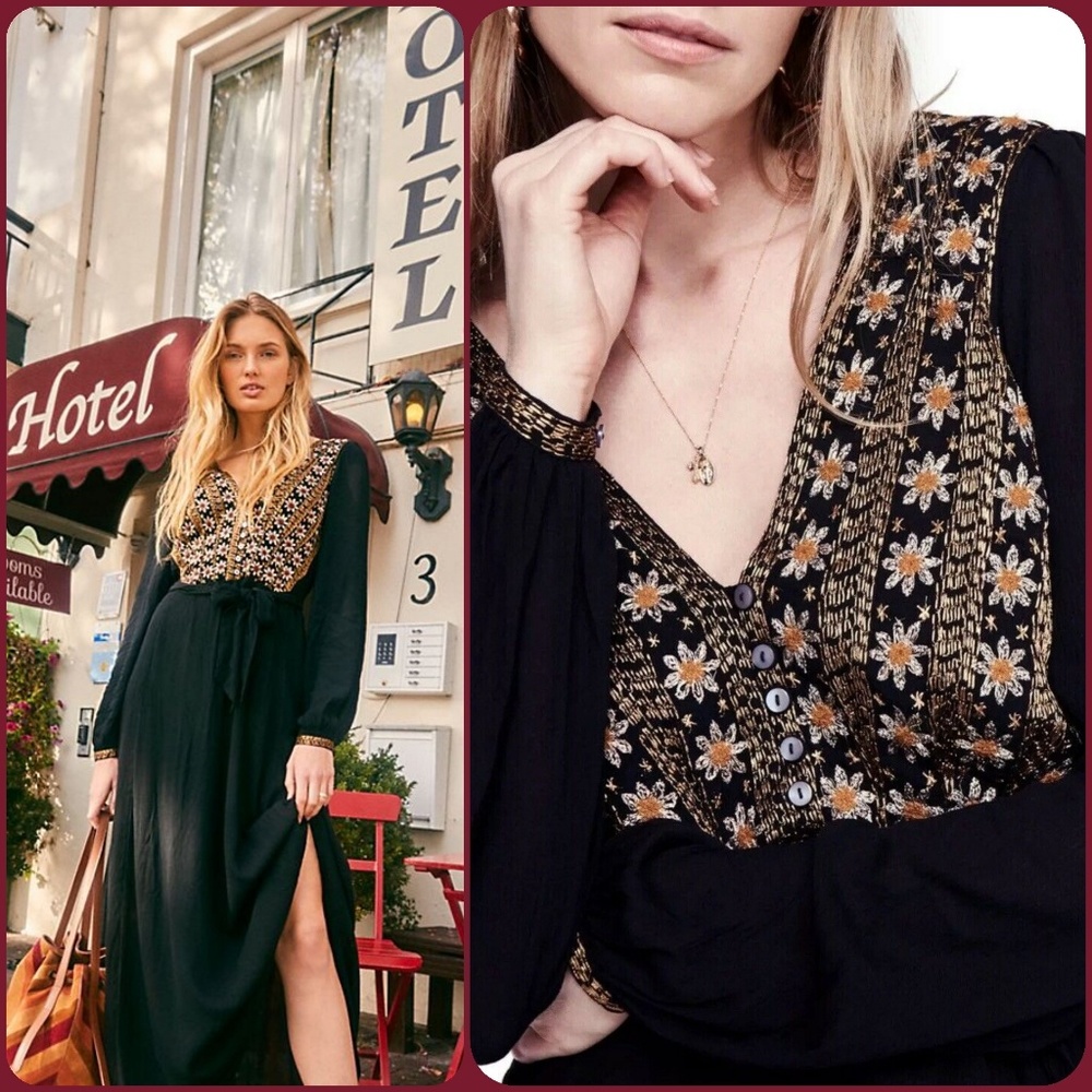 Free People Hearts desire Embroidered Goddess maxi Midi dress Festival